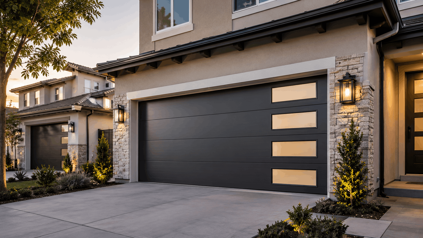 Modern dark gray garage door with glass panels on Irvine home exterior