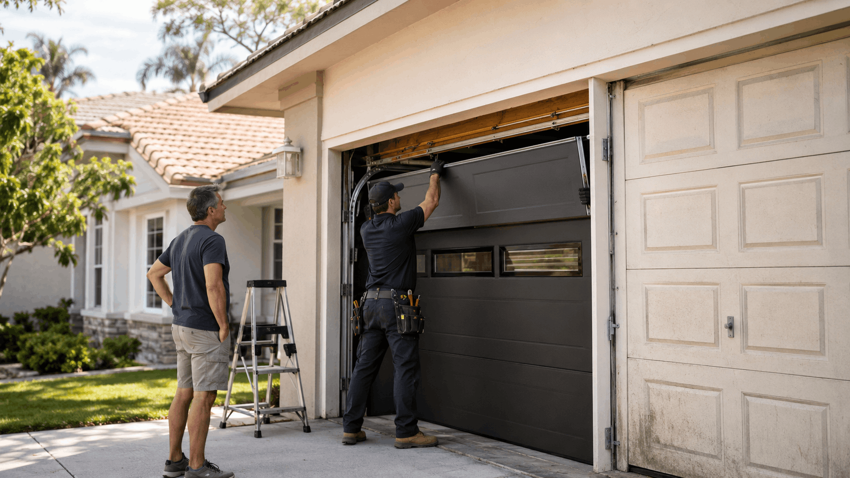 Garage door technician installing modern dark panel door on Irvine home
