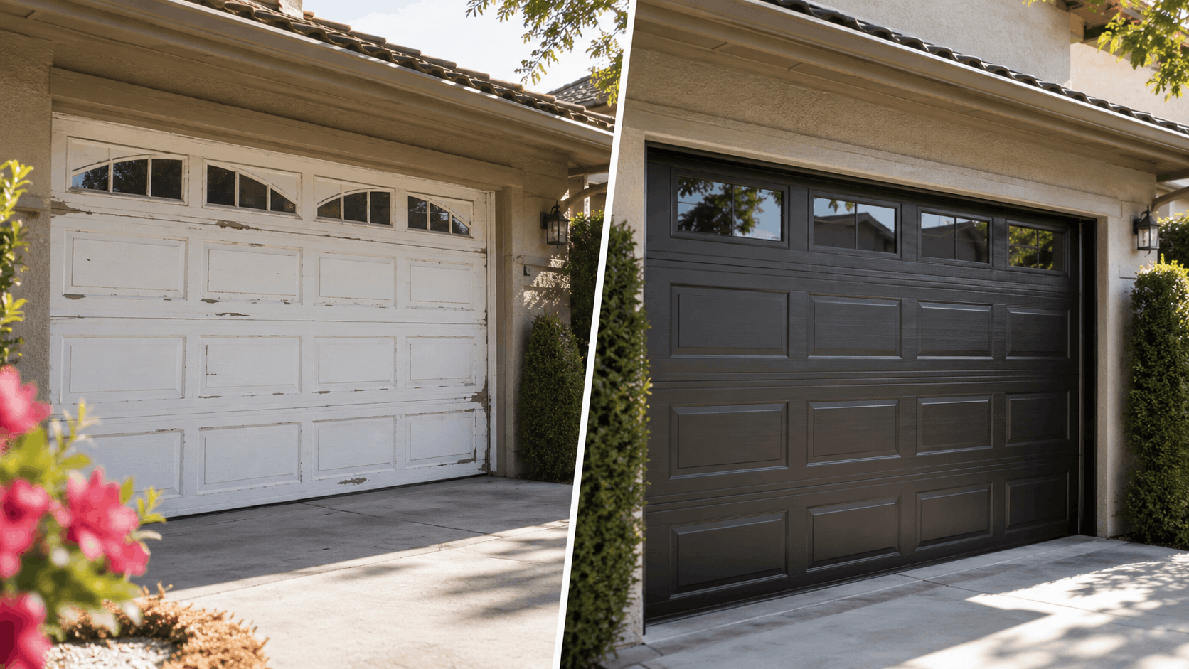 Before and after garage door replacement showing worn white door versus new dark charcoal door in Irvine home