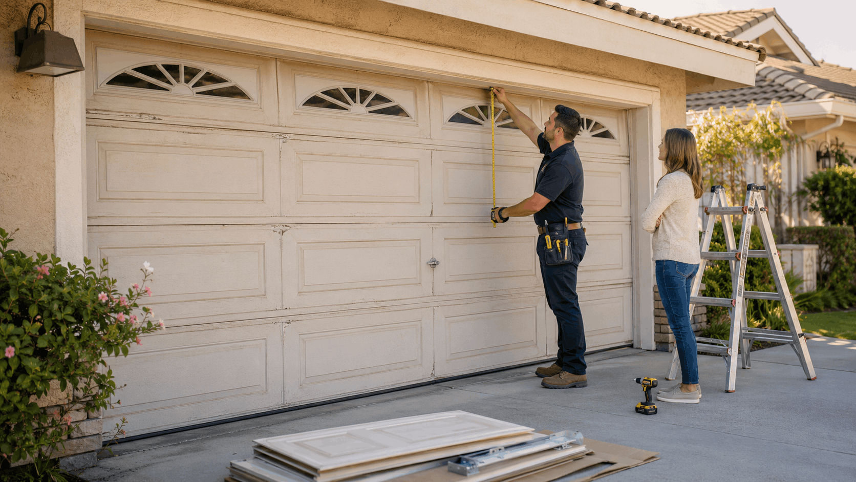 Garage door technician measuring Irvine home garage door with homeowner nearby