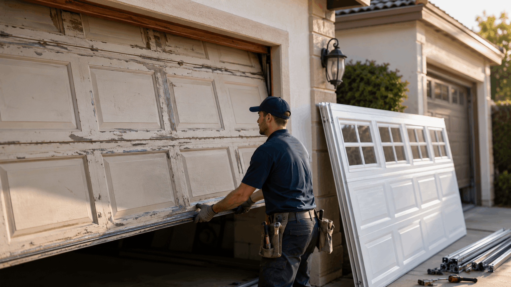 Technician removing old worn garage door panels during Irvine replacement installation