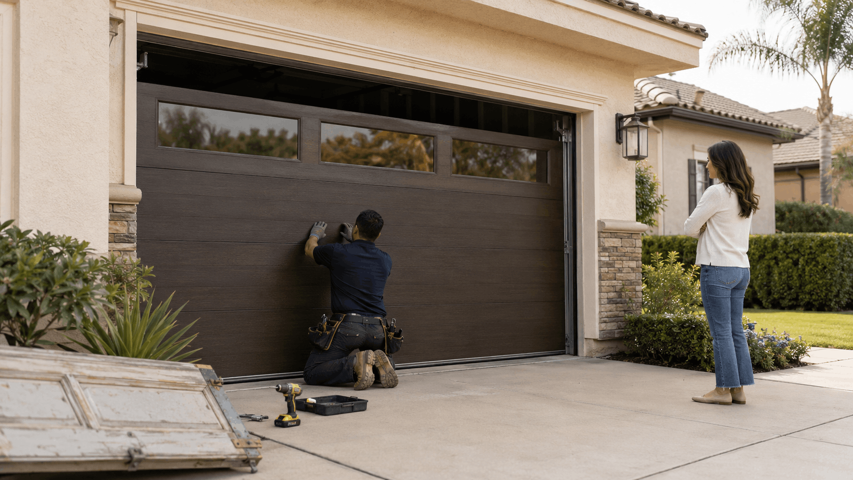 Garage door technician installing brown panel door while homeowner watches in Irvine driveway