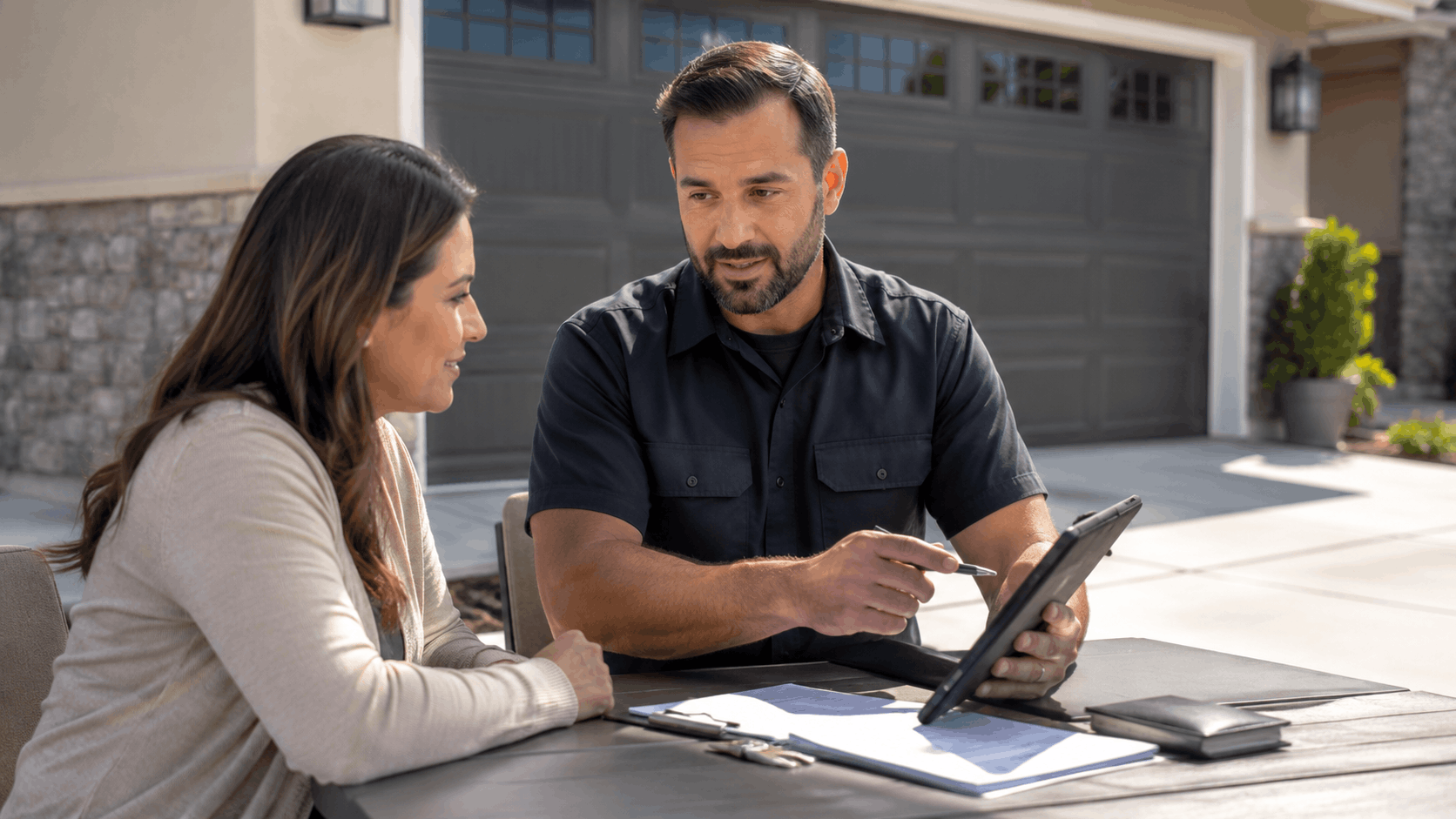Garage door contractor reviewing repair estimate with Orange County homeowner on tablet outdoors