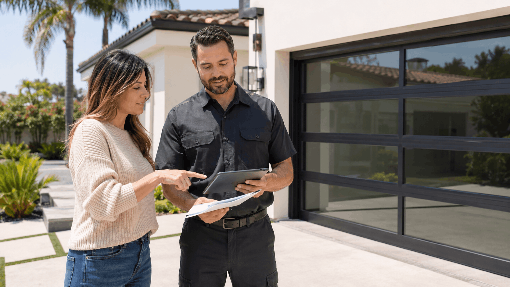 Homeowner reviewing garage door financing options with technician outside Irvine home