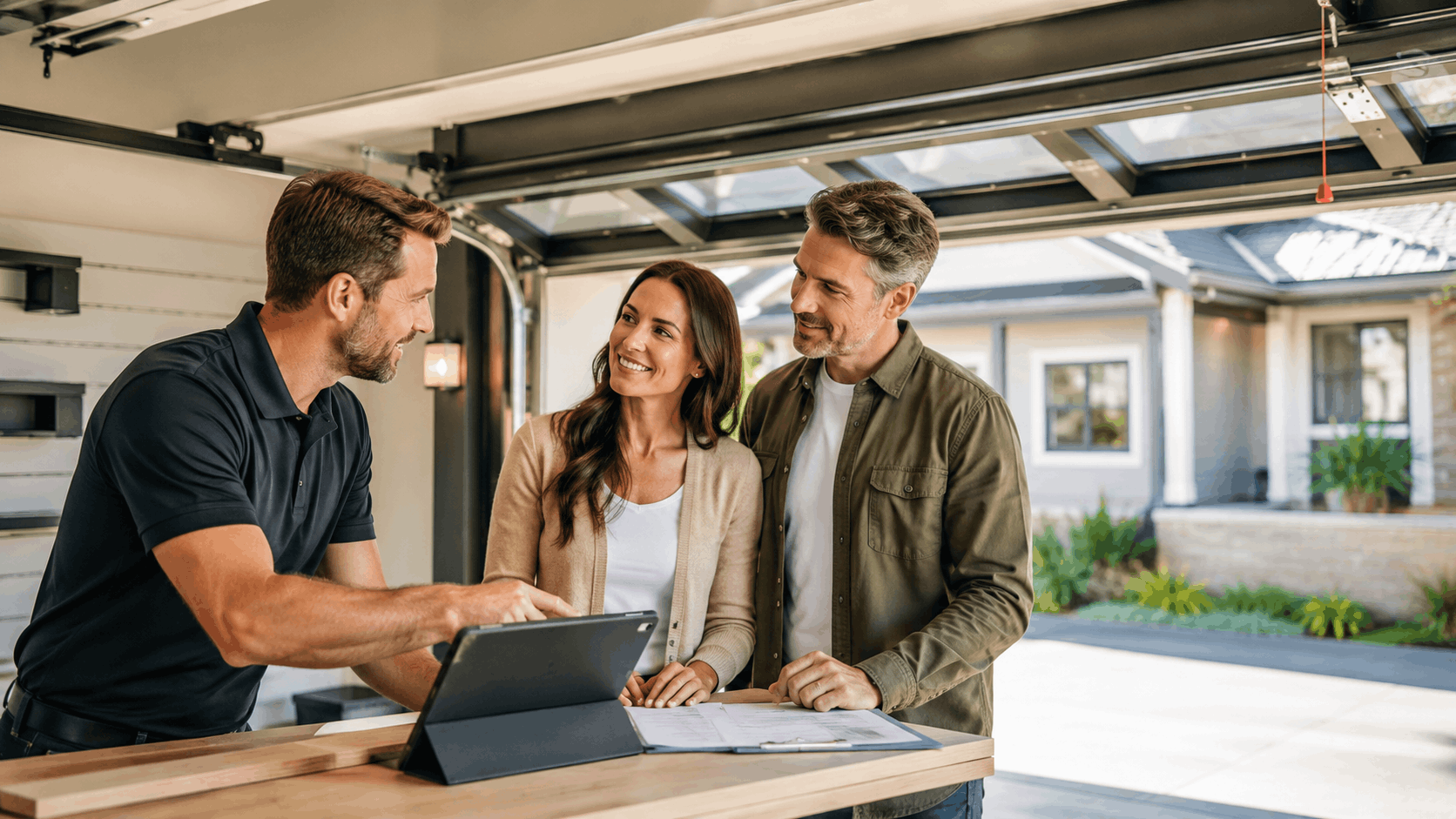 Garage door technician reviewing cash payment options with homeowners on tablet