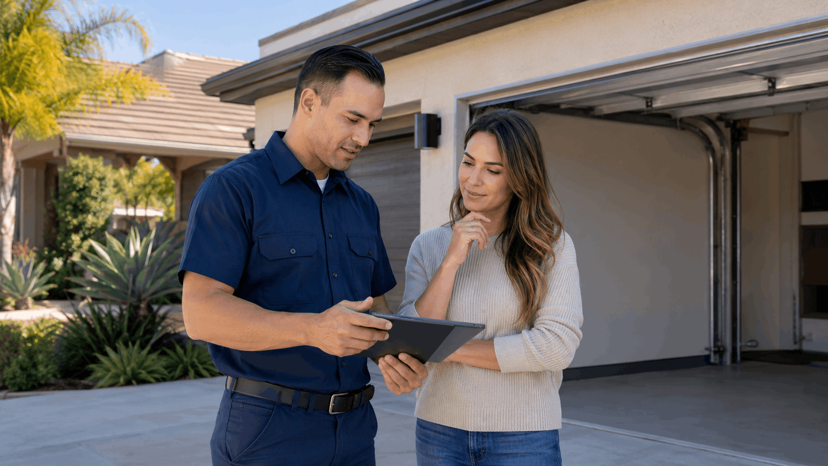 Garage door technician showing homeowner payment options on tablet in Irvine driveway