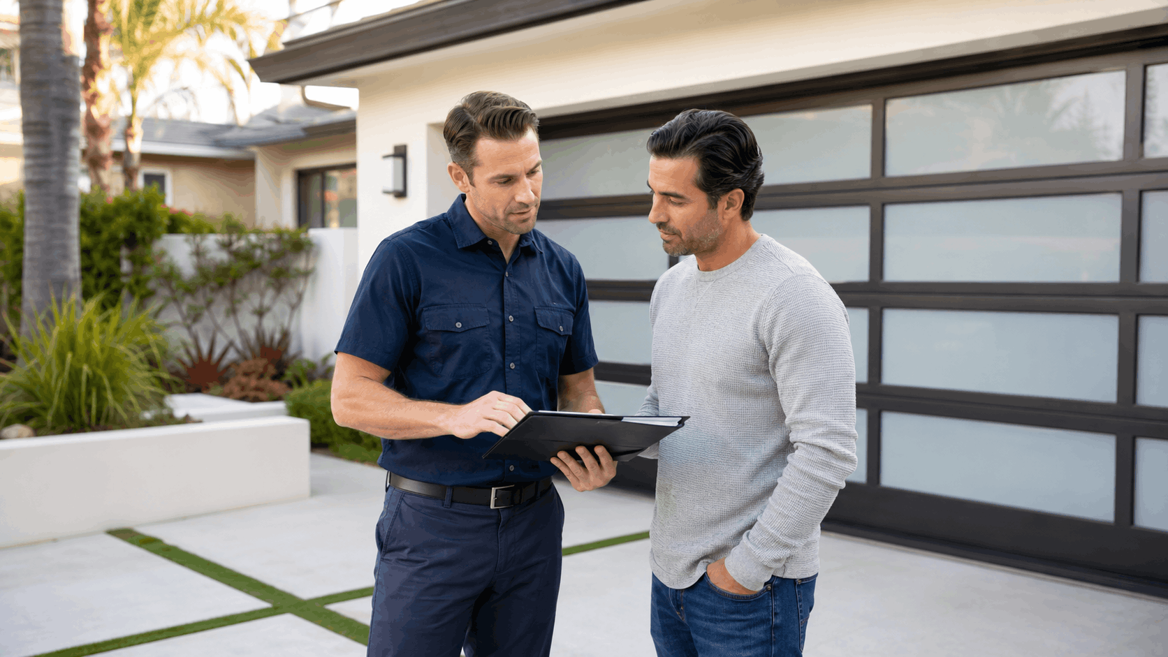 Garage door technician reviewing service clipboard with Irvine homeowner outside modern home