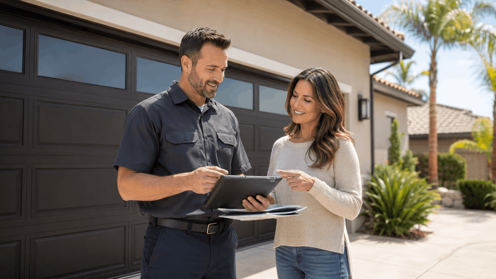 Garage door technician reviewing tablet with Irvine homeowner outside low-headroom garage