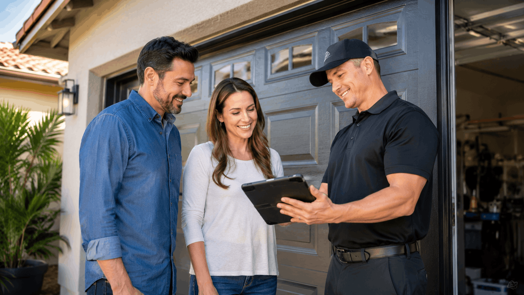 Garage door technician reviewing tablet with homeowners outside gray garage door