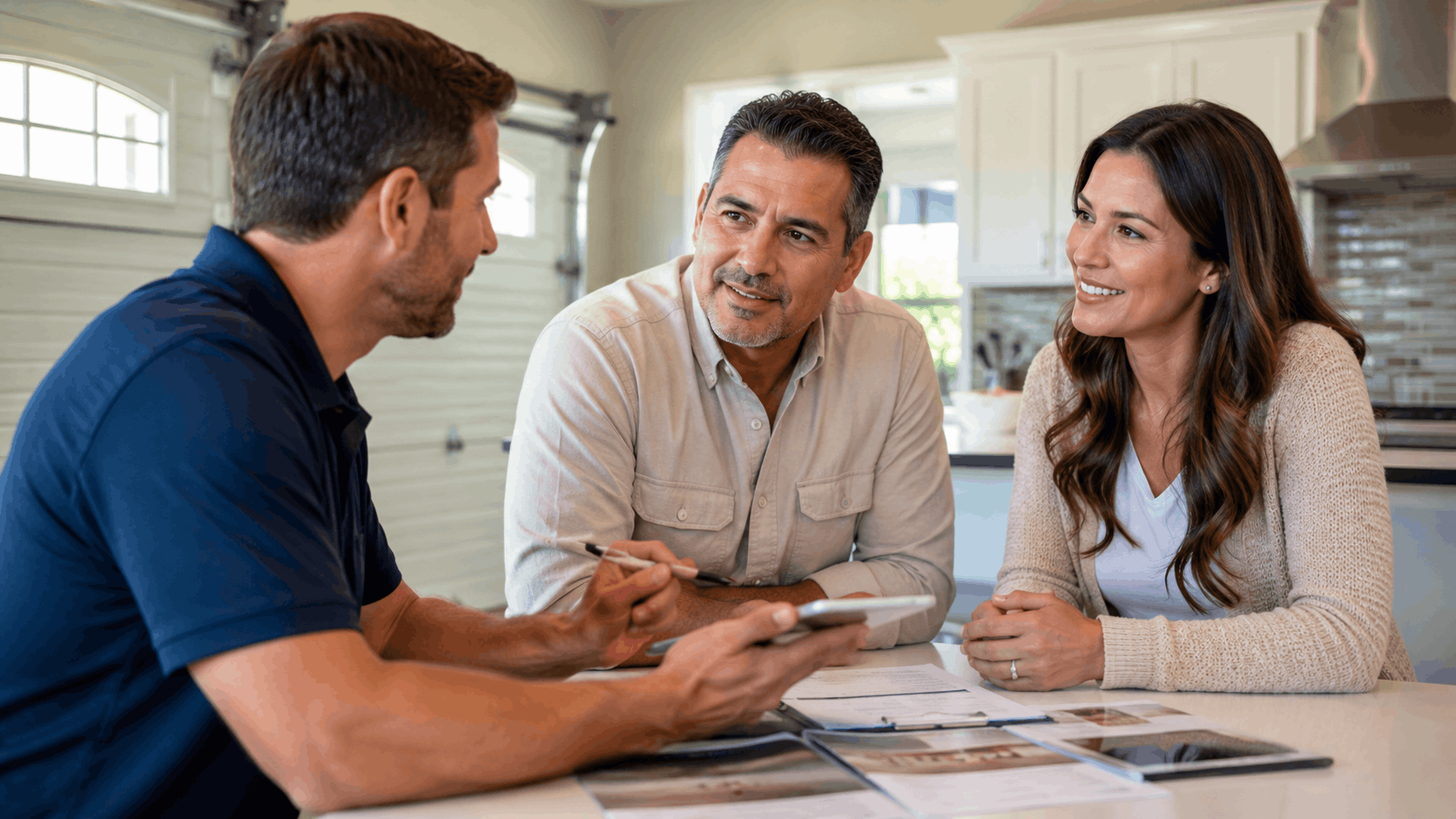 Garage door contractor discussing repair costs and timeline with homeowners in Irvine