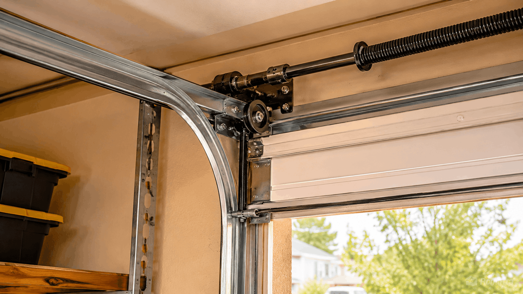 Close-up of garage door track, roller hardware, and torsion spring system in Irvine home