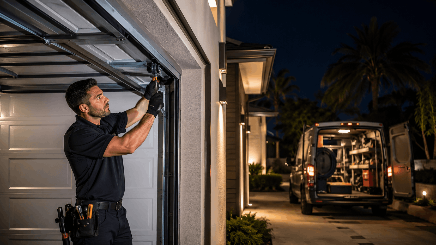 Garage door technician repairing track mechanism at night in Huntington Beach