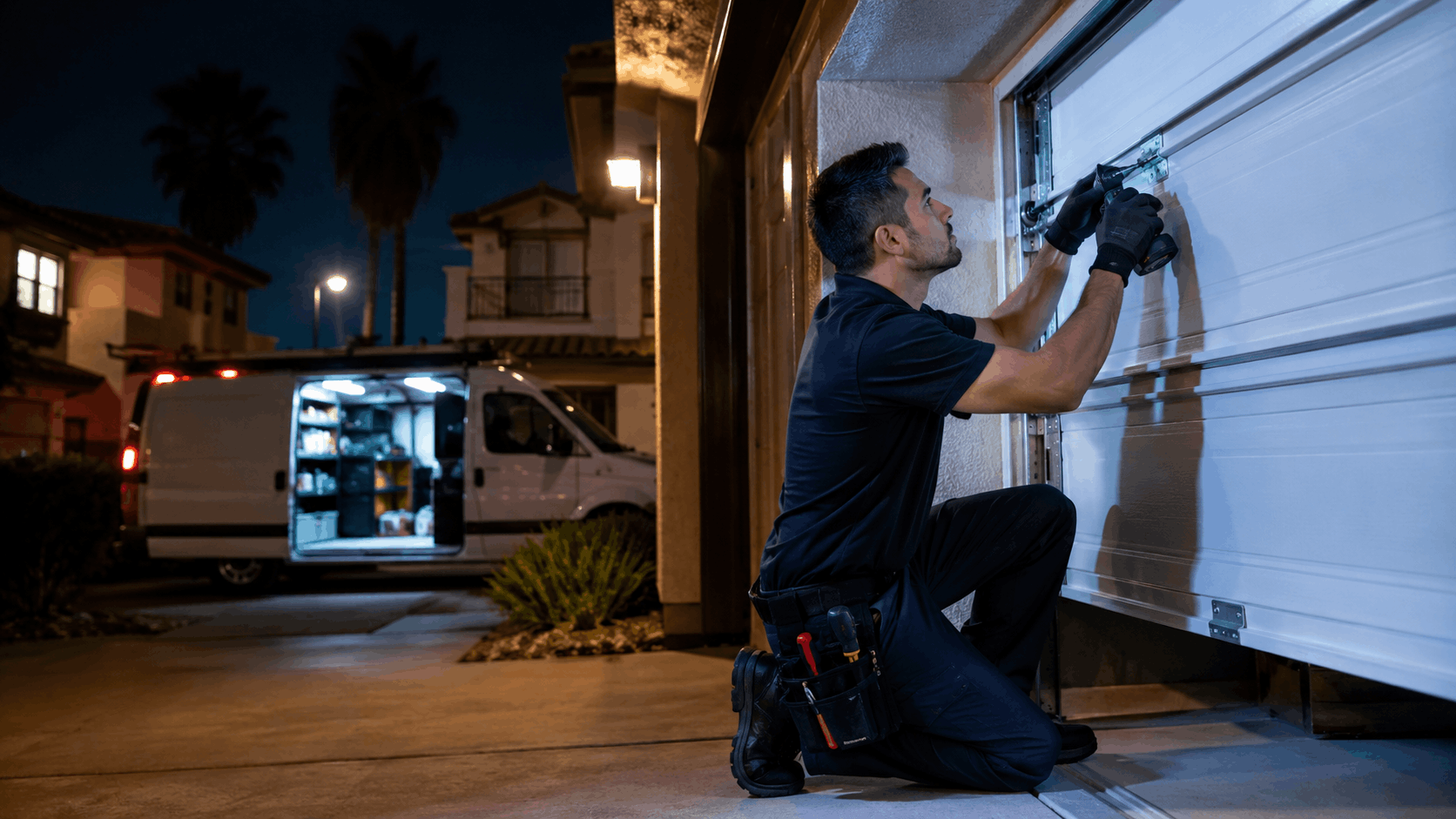 Technician repairing garage door hinges at night with work van nearby