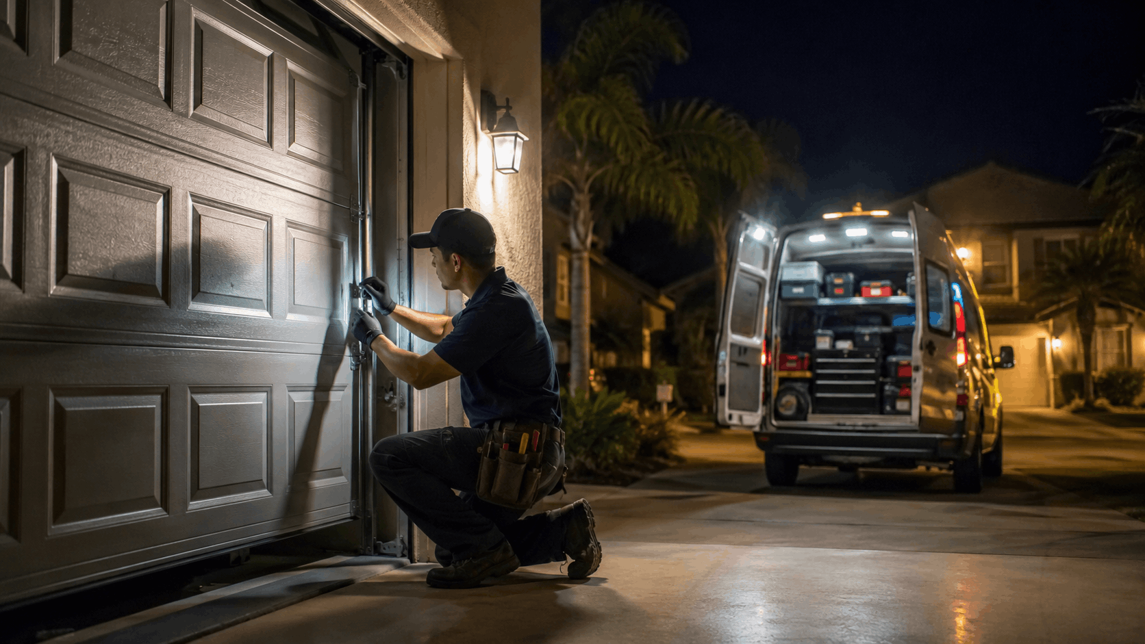 Garage door technician repairing residential door at night with service van nearby