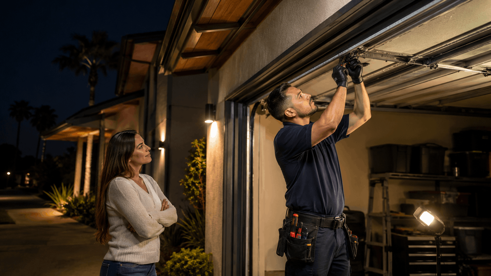 Garage door technician repairing tracks at night while Irvine homeowner watches