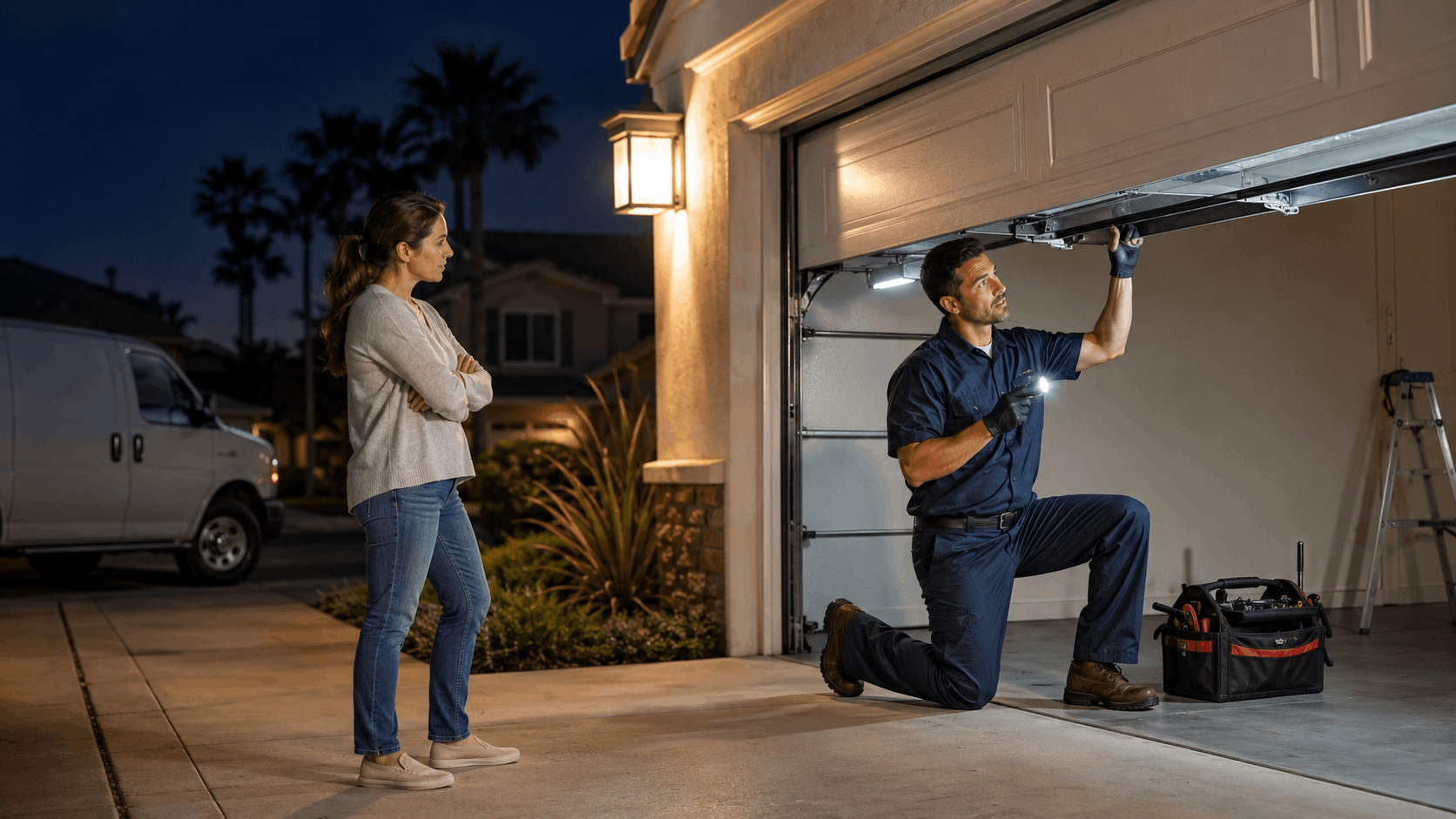 Garage door technician inspecting stuck door at night while Irvine homeowner watches