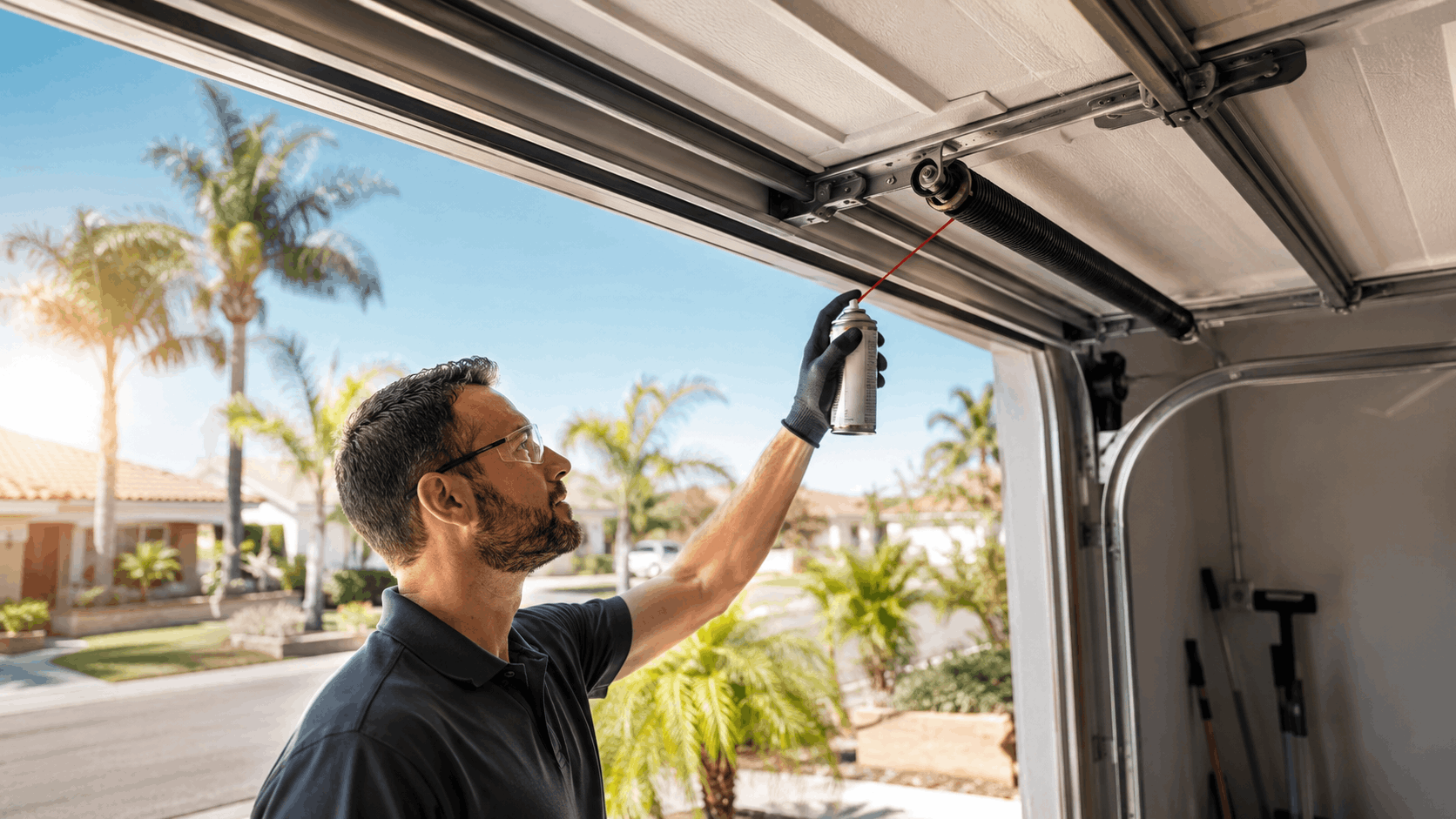 Technician lubricating garage door springs and tracks in sunny Irvine California neighborhood