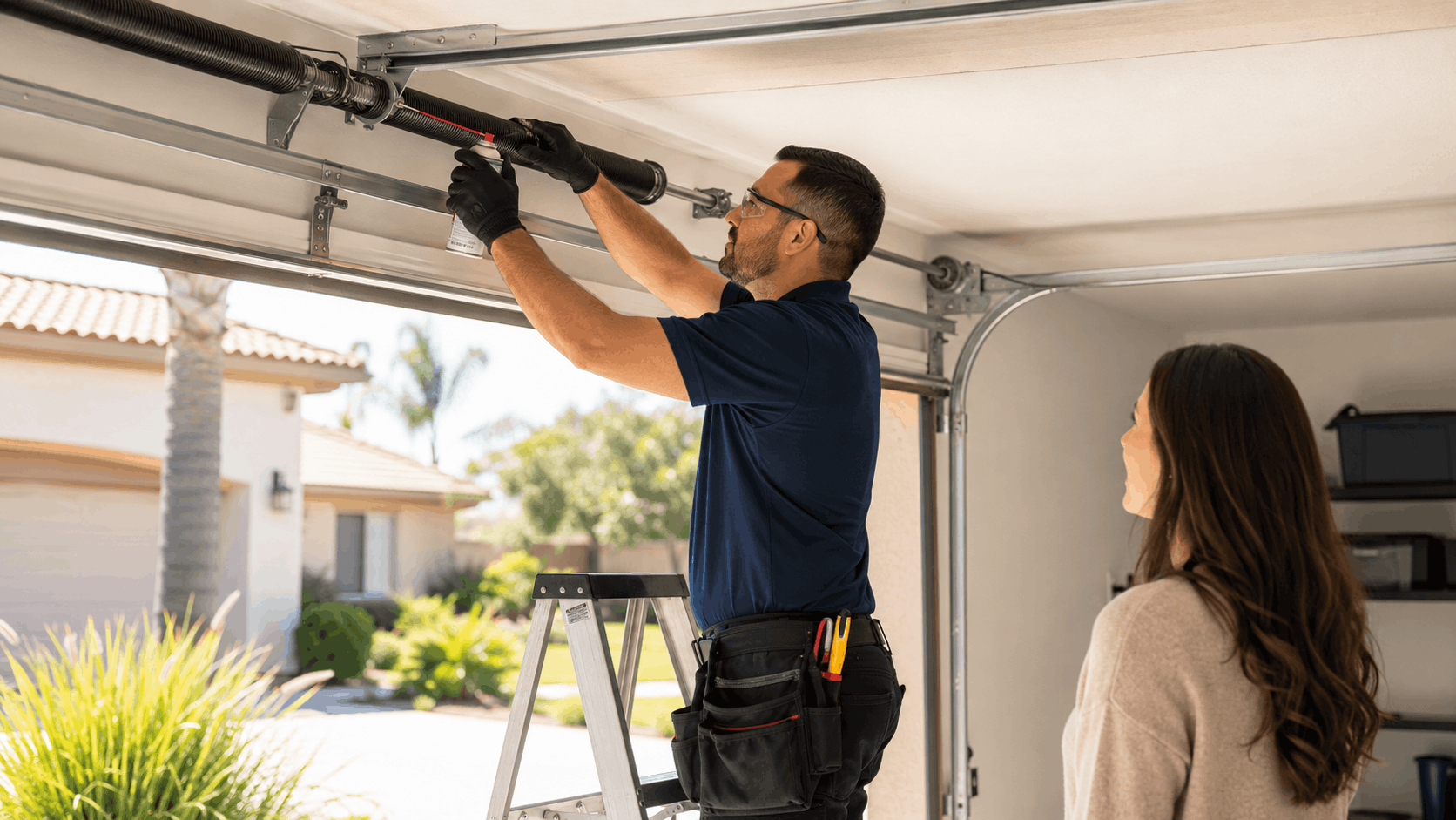 Technician lubricating garage door torsion springs on ladder while homeowner watches
