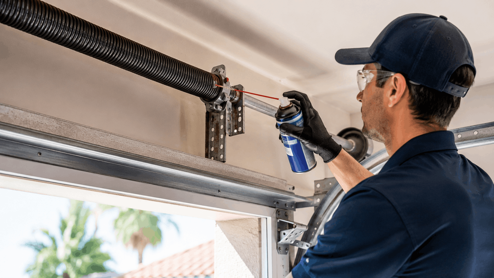 Technician lubricating garage door torsion spring with spray lubricant in Irvine home