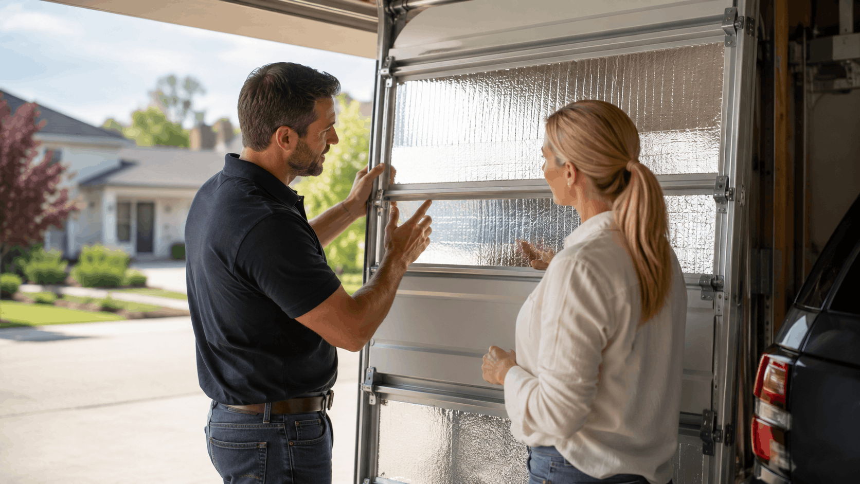 Technician explaining insulated garage door R-value to homeowner in Irvine driveway
