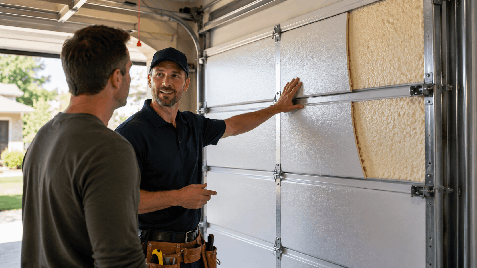 Garage door technician explaining foam insulation R-value tiers to Irvine homeowner