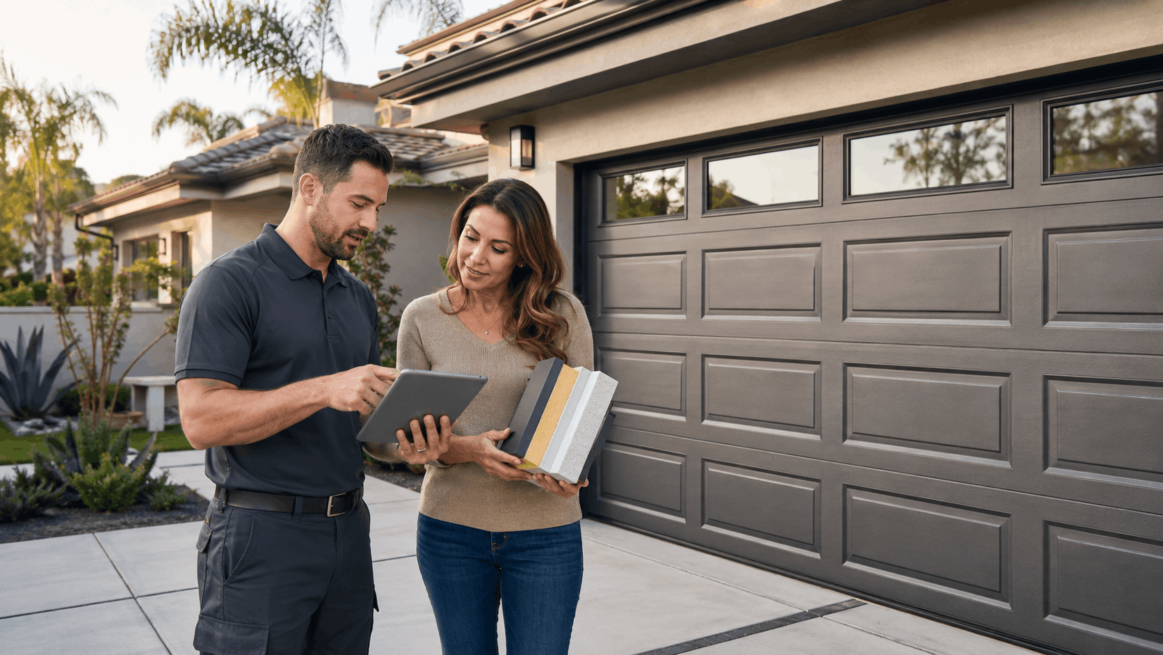 Garage door contractor showing insulation samples and tablet to Irvine homeowner outdoors