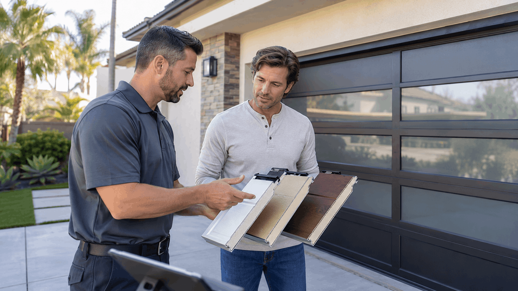Garage door contractor showing material samples to homeowner outside Irvine property