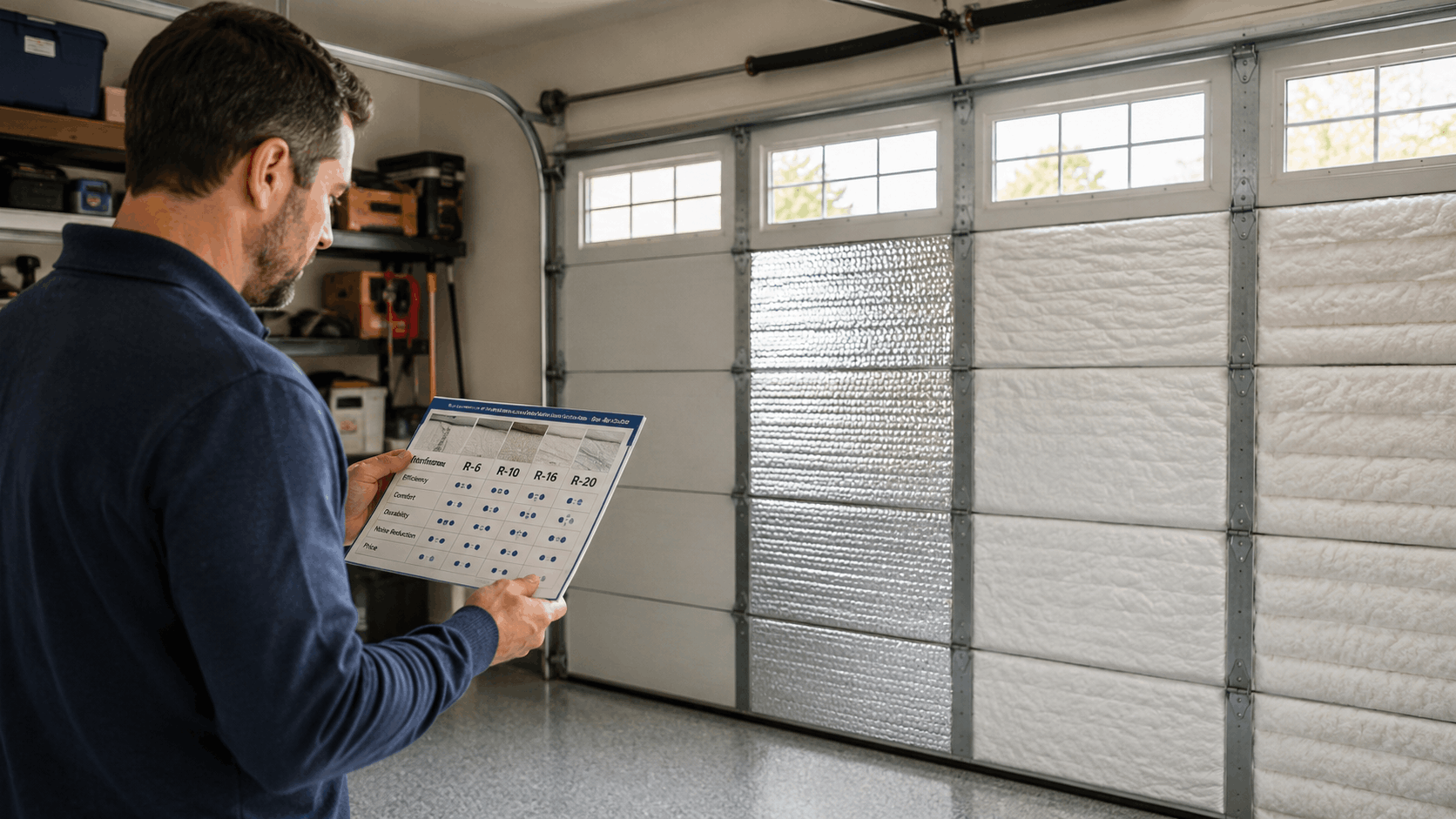 Man reviewing R-value insulation comparison chart beside partially insulated garage door panels