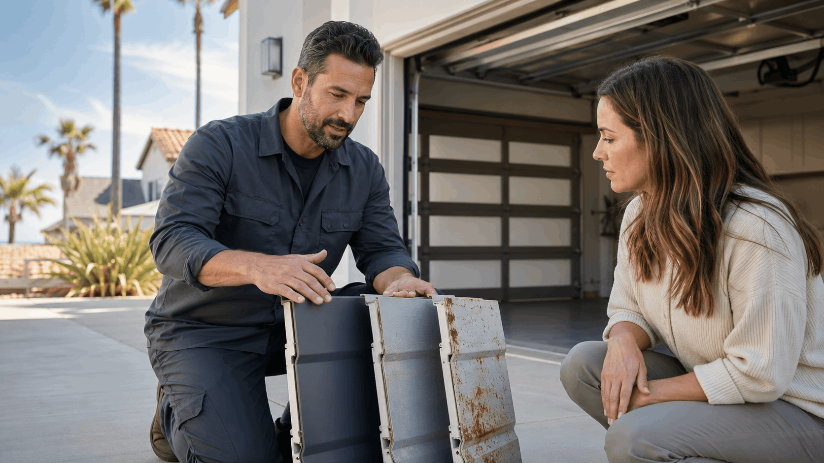 Technician showing homeowner rusty worn garage door steel panel in driveway
