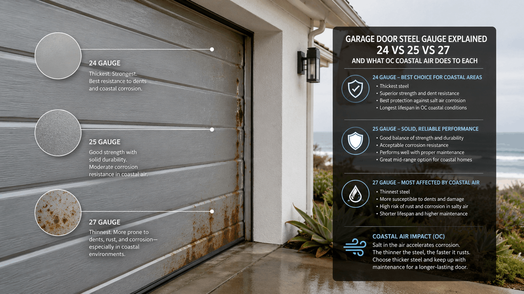 Infographic comparing 24 vs 25 vs 27 gauge steel garage door corrosion resistance coastal areas