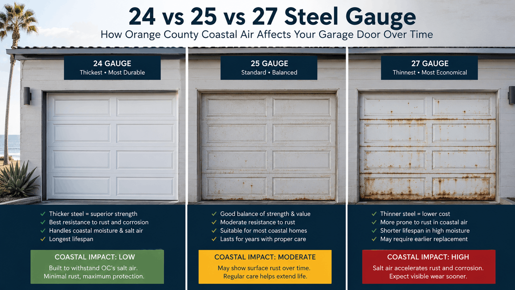 Comparison of 24, 25, and 27 gauge steel garage doors showing coastal rust damage