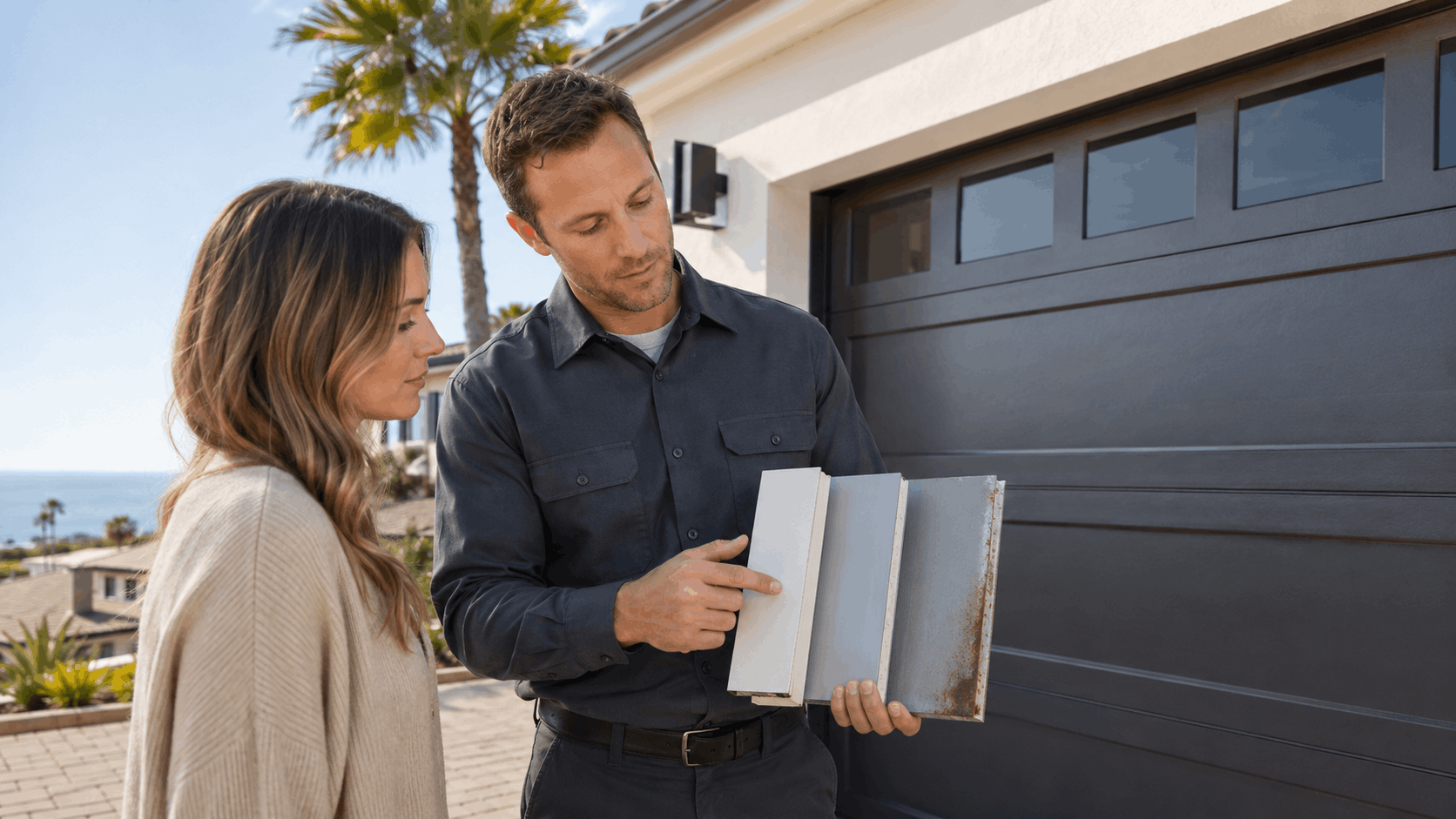 Garage door technician showing steel door samples to homeowner near coastal Irvine property