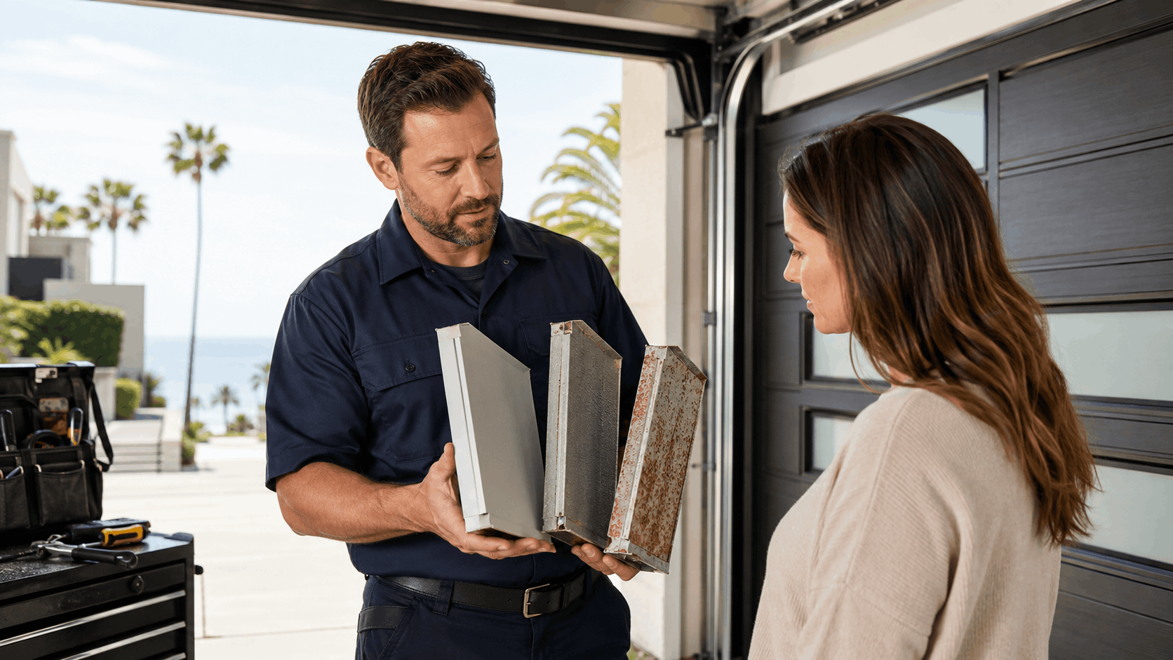 HVAC technician showing homeowner old rusty air filter versus new clean filter in garage