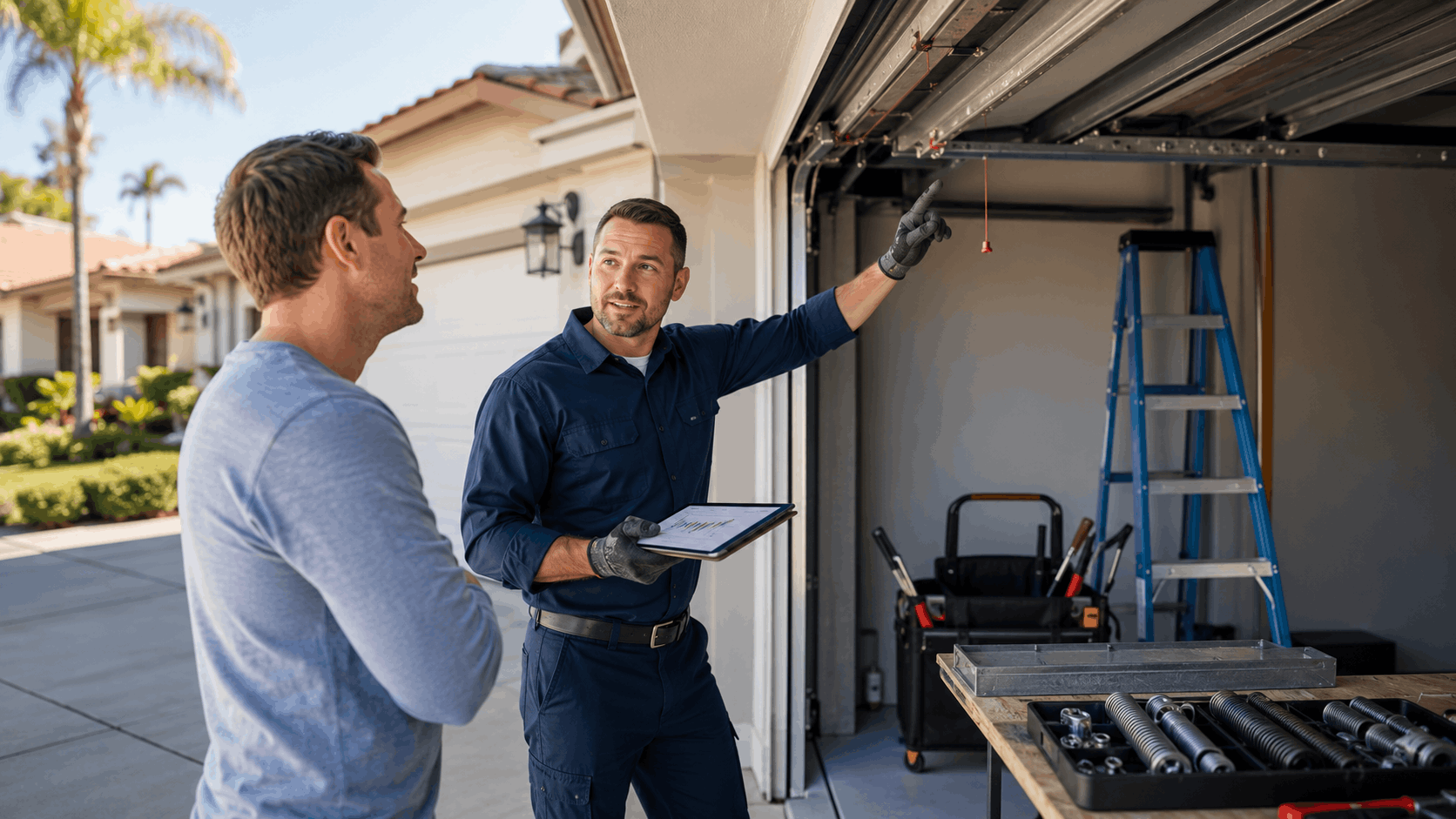 Garage door technician explaining maintenance plan to homeowner at open garage door