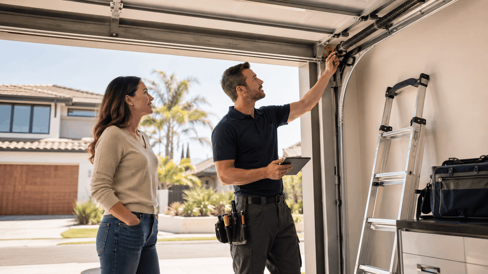 Garage door technician inspecting torsion spring mechanism with Irvine homeowner during tune-up