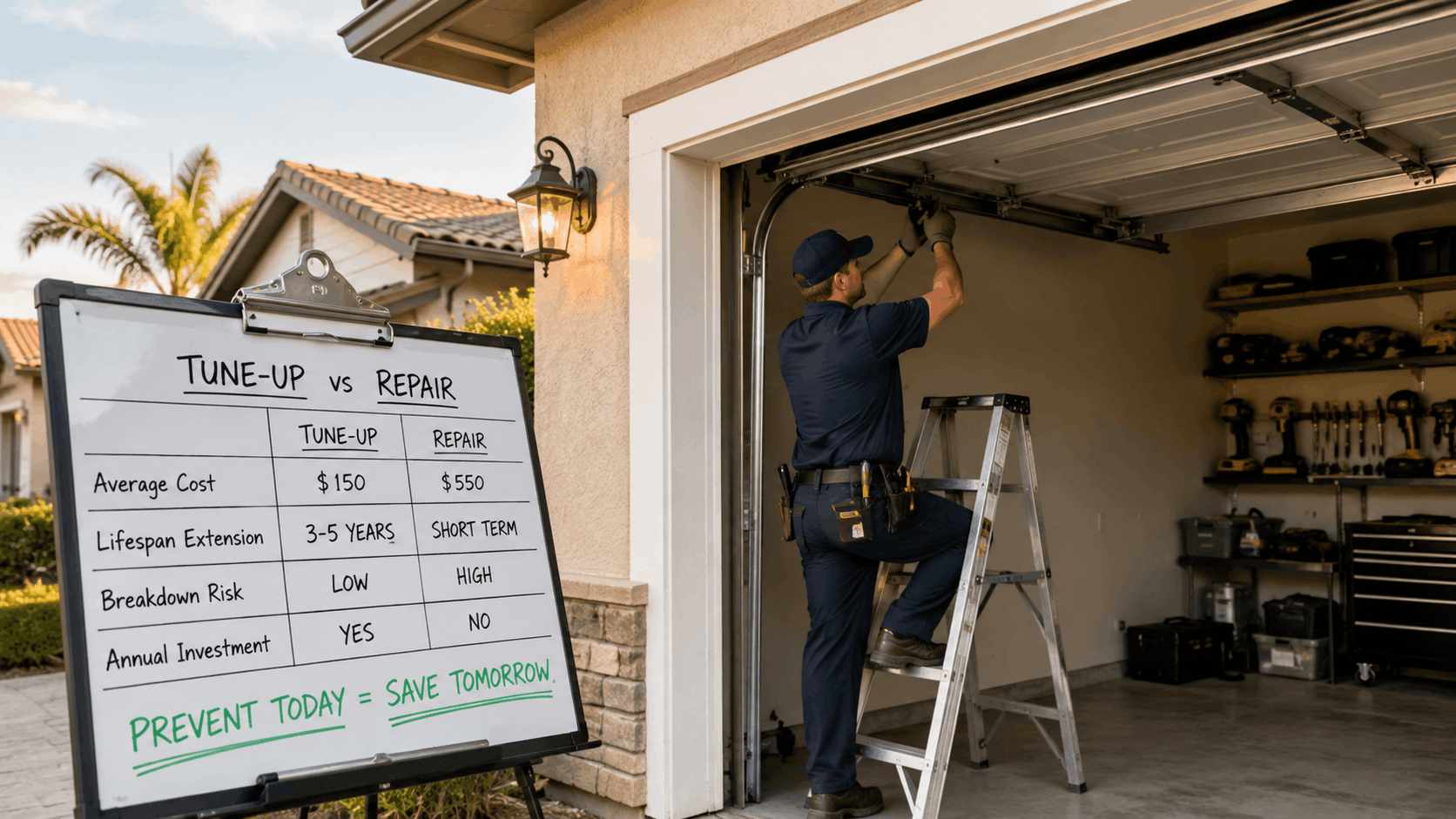 Garage door technician on ladder performing tune-up service beside cost comparison chart