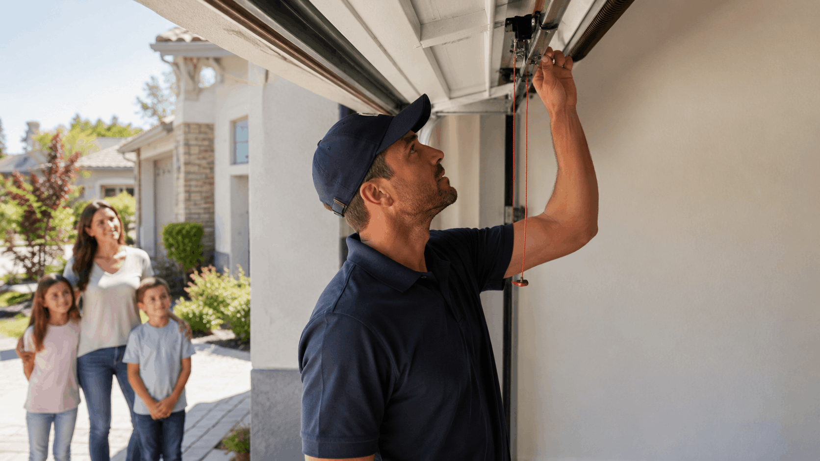 Garage door technician repairing overhead door mechanism while family watches in Irvine
