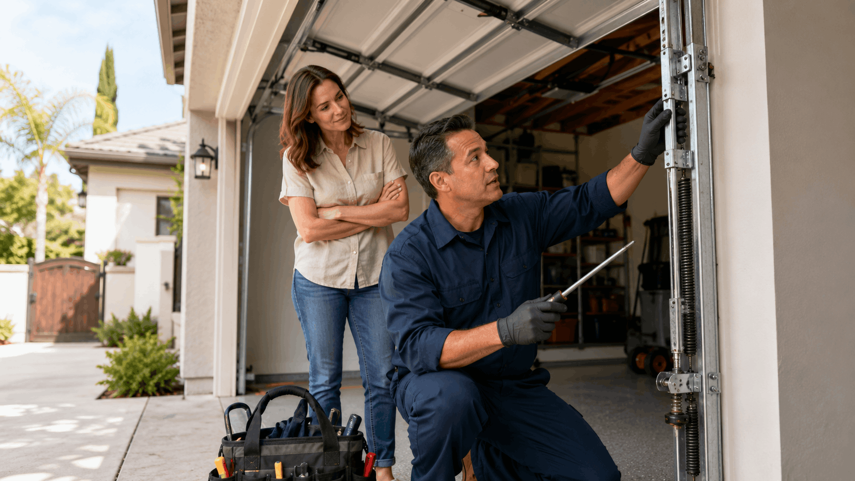 Garage door technician inspecting spring mechanism while Irvine homeowner watches nearby