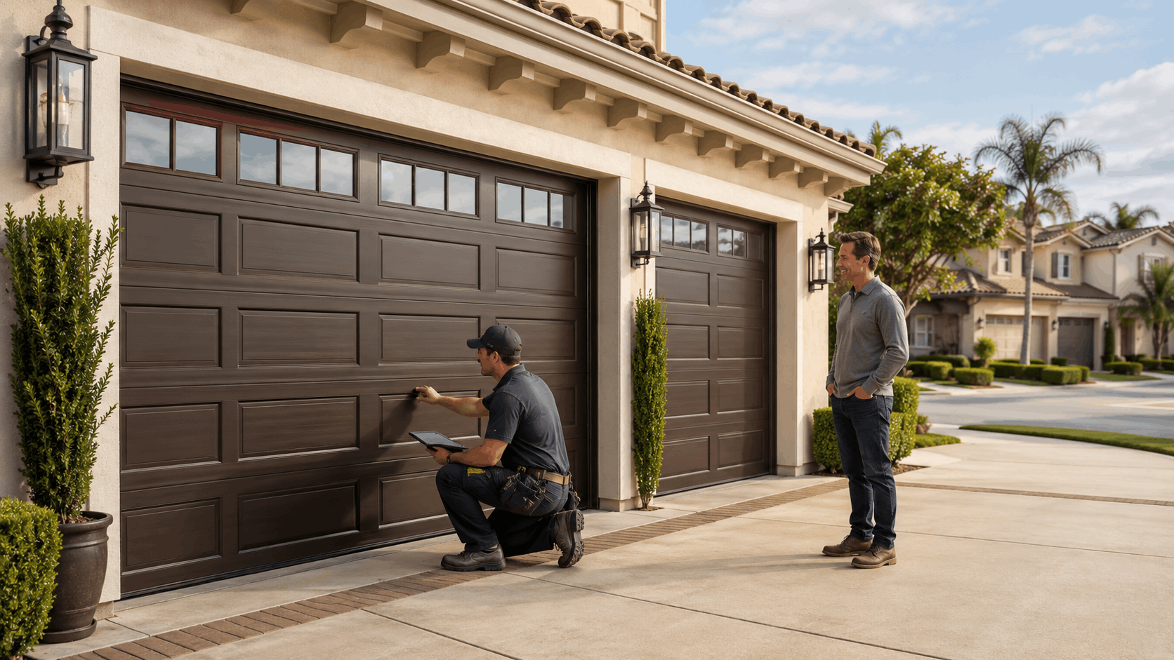 Garage door technician inspecting matching brown two-car garage doors at Tustin Ranch home