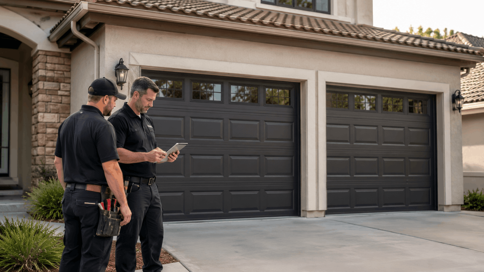Two garage door technicians reviewing tablet outside Irvine home with dark double garage doors