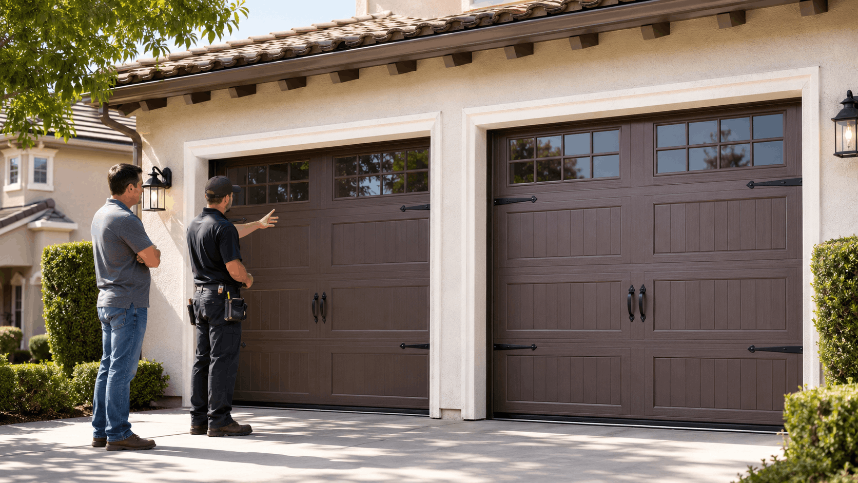 Garage door technician inspecting brown carriage-style garage doors with Tustin Ranch homeowner