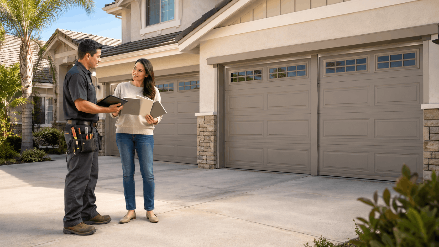 Garage door technician consulting with homeowner on driveway in Irvine California