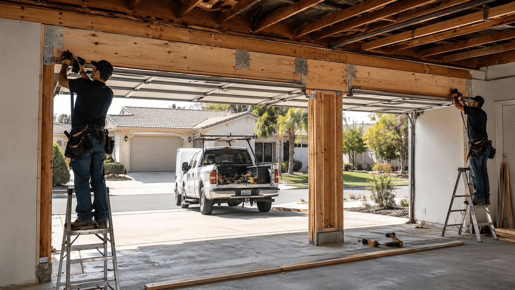 Two technicians installing a double garage door conversion on ladders in Irvine home