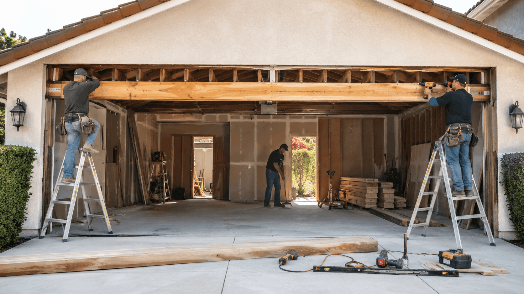 Three contractors renovating open garage in Irvine Orange County home without door installed