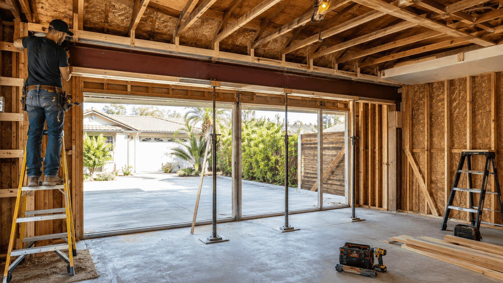 Contractor on ladder installing garage door header beam during Irvine garage conversion