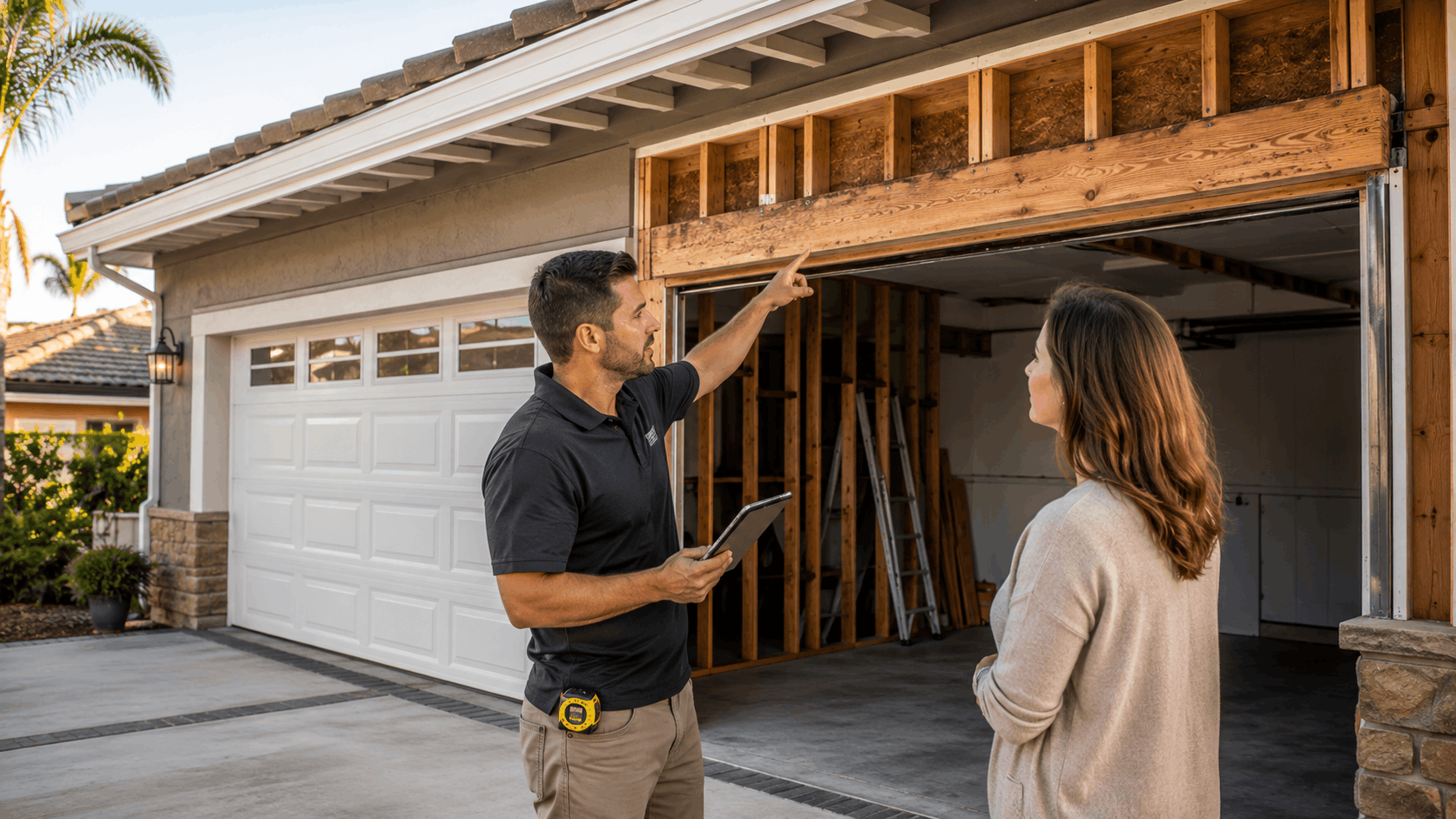 Contractor pointing at exposed garage door framing while consulting with Irvine homeowner