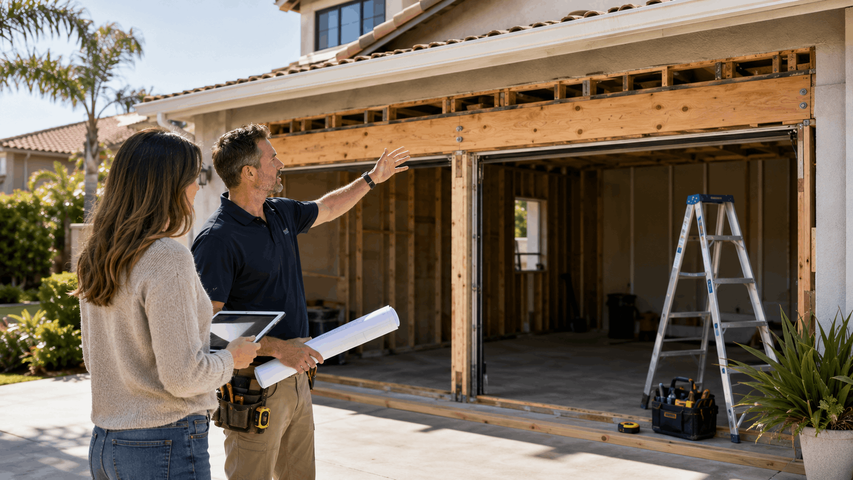 Contractor and homeowner reviewing garage door replacement plans at Irvine residence