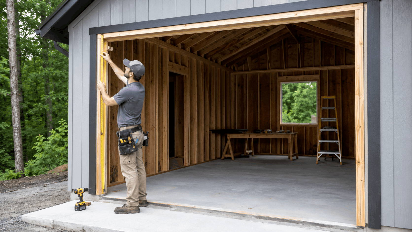 Contractor measuring garage door opening frame on new workshop construction in Irvine