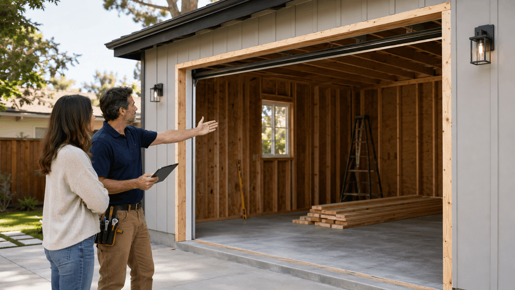 Contractor and homeowner inspecting rough opening framing for garage door installation in Irvine