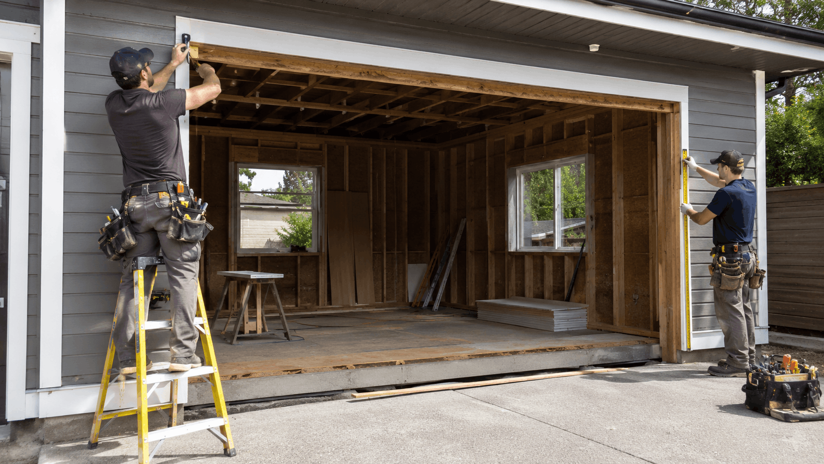 Two contractors measuring and framing an open garage door opening during renovation